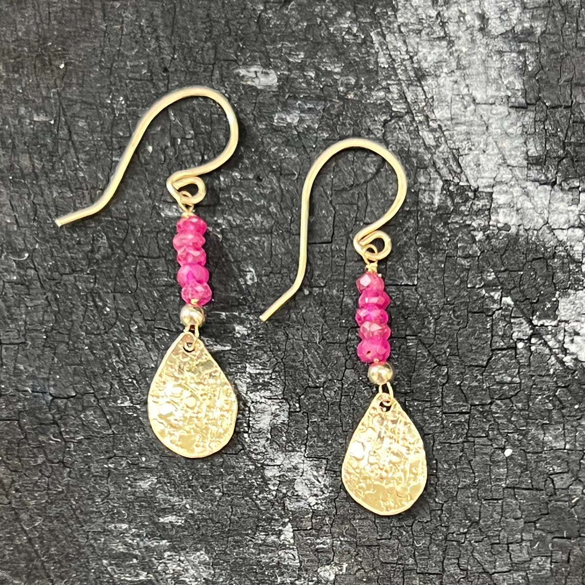 Ruby 14K gold earrings handmade by Garden of Silver. www.gardenofsilver.com