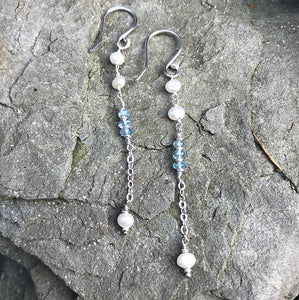 Sea Treasures Earrings handmade by Garden of Silver with pearls and blue zircon gemstones and sterling silver.