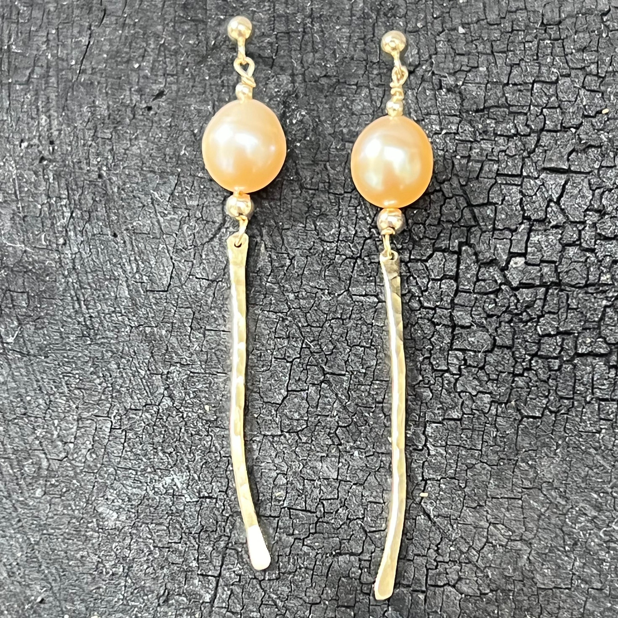 Peach Pearls 14K Gold earrings handmade by Garden of Silver in Westhampton Beach, NY www.gardenofsilver.com
