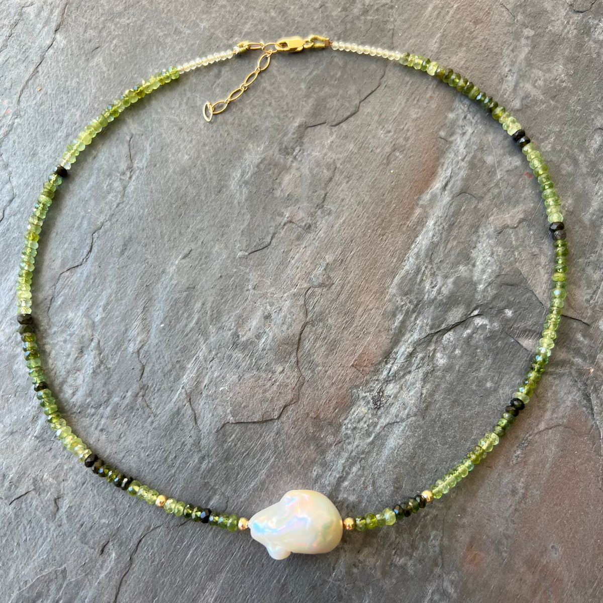 Green tourmaline baroque pearl necklace handmade by Garden of Silver. www.gardenofsilver.com