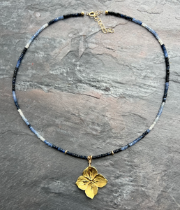 18K Gold Hydrangea Sapphire Necklace handmade by Garden of Silver in Westhampton Beach.