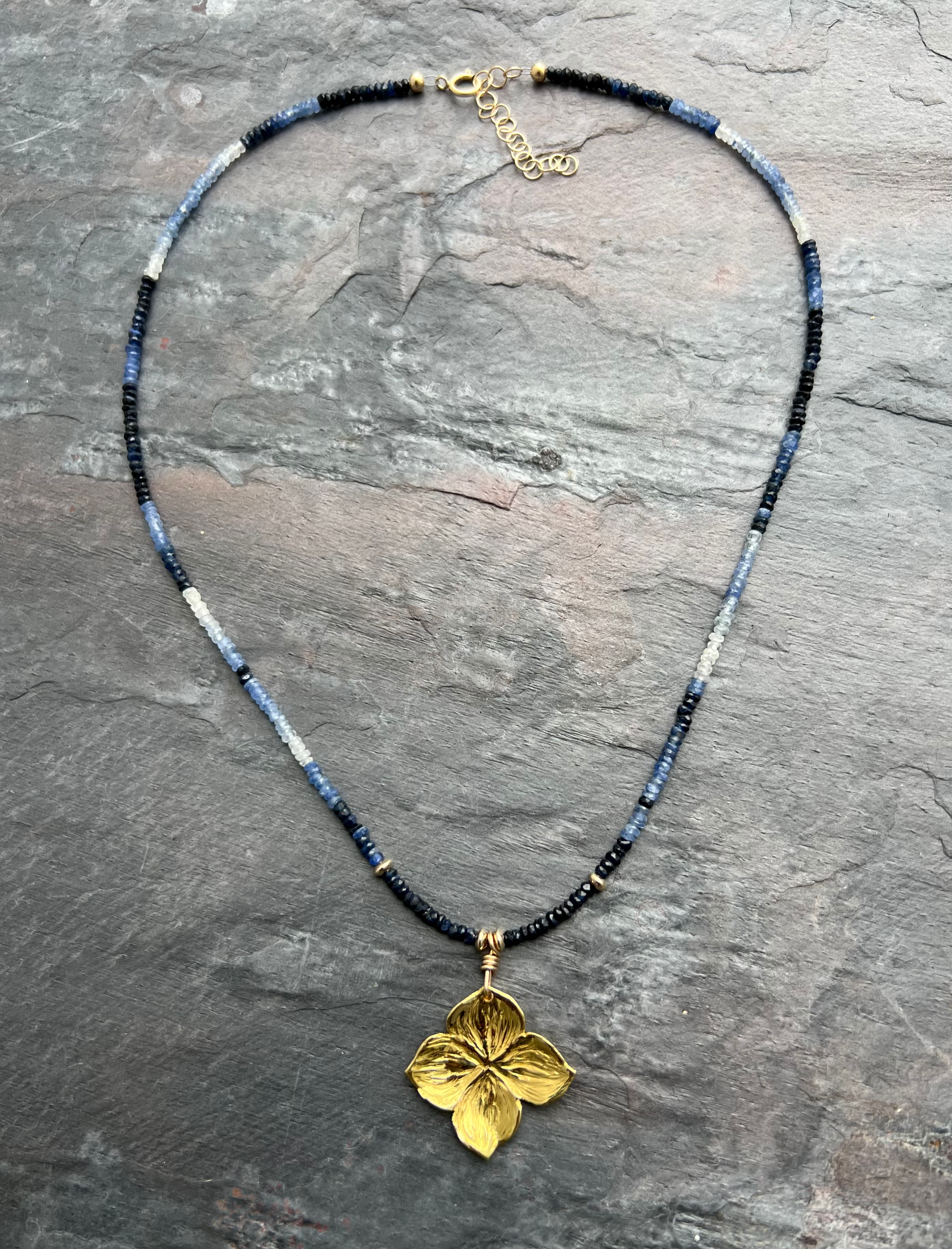 18K Gold Hydrangea Sapphire Necklace handmade by Garden of Silver in Westhampton Beach.