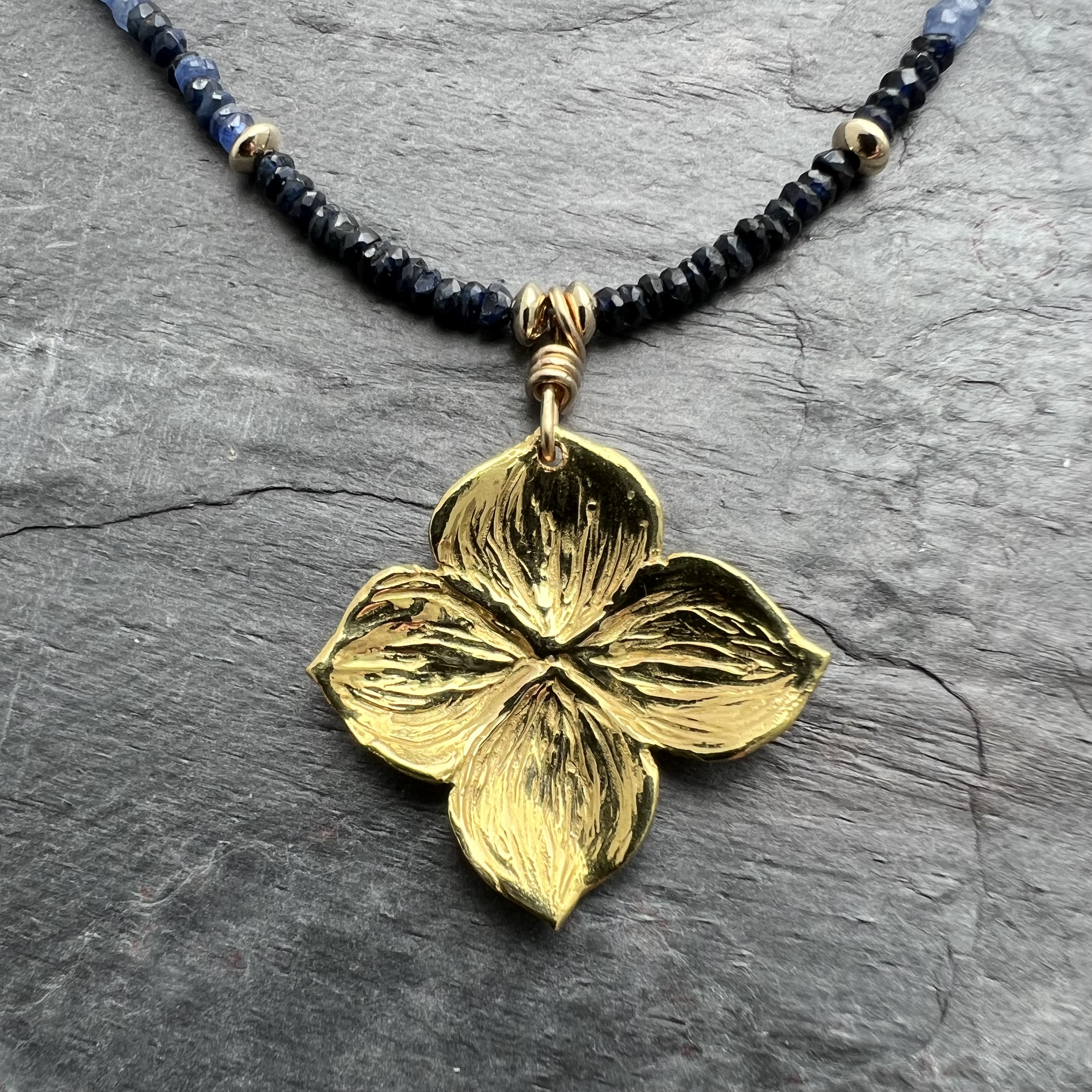 18K Gold Hydrangea Sapphire Necklace handmade by Garden of Silver in Westhampton Beach.