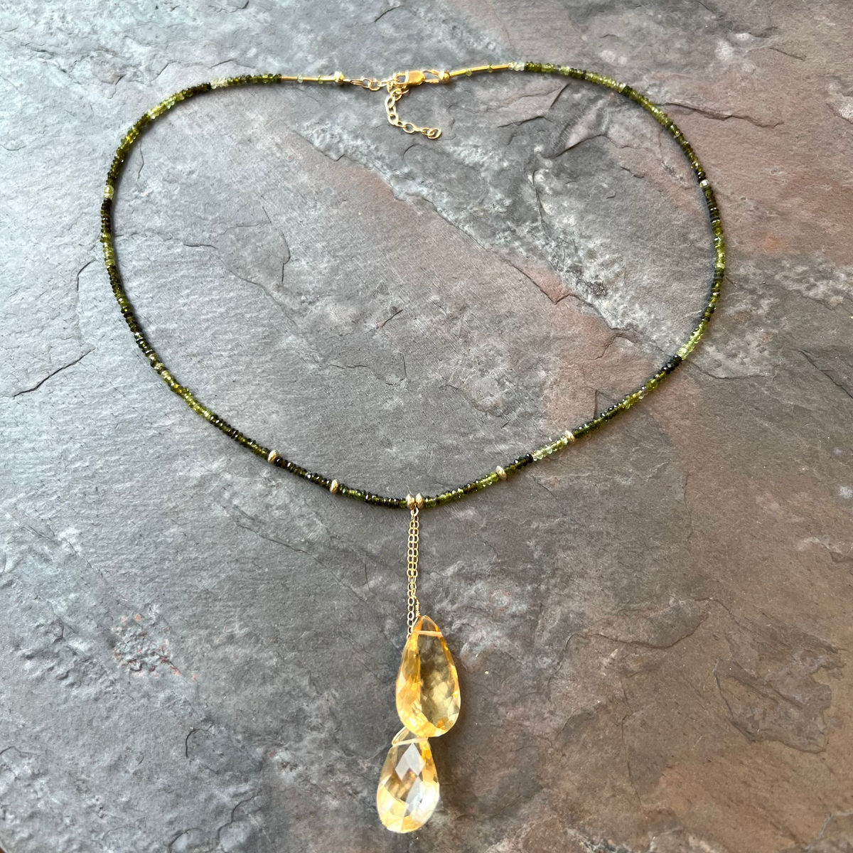 Green Tourmaline Citrine 14K Gold necklace handmade by Garden of Silver in Westhampton Beach, New York. www.gardenofsilver.com