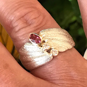 Pink Tourmaline and Moissanite seashell ring by Jeanette Walker at Garden of Silver in Westhampton Beach, Hamptons, Long Island, New York.
