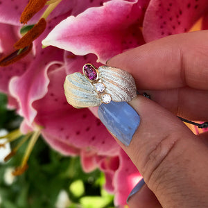 Pink Tourmaline and Moissanite seashell ring by Jeanette Walker at Garden of Silver in Westhampton Beach, Hamptons, Long Island, New York.