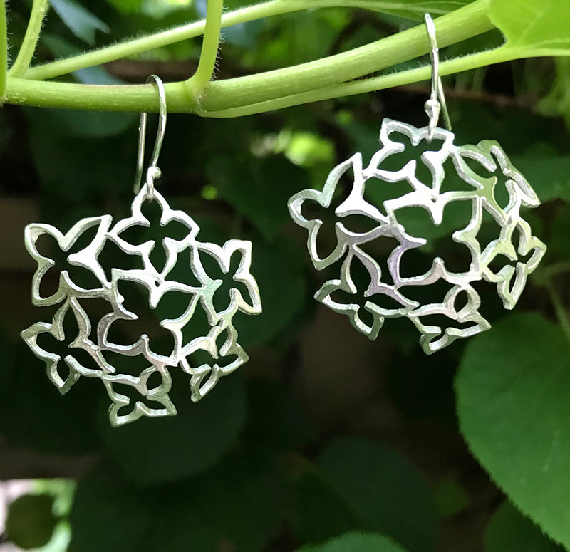 Lacy Hydrangea Earrings handmade in sterling silver by Garden of Silver