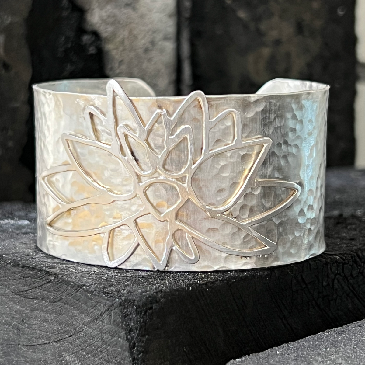 Handmade one of a kind sterling silver lotus cuff bracelet by Garden of Silver.