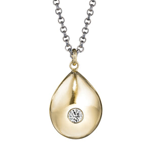 Gold Teardrop Pendant with Diamond by Jane Bartel at Garden of Silver in Westhampton Beach, New York.