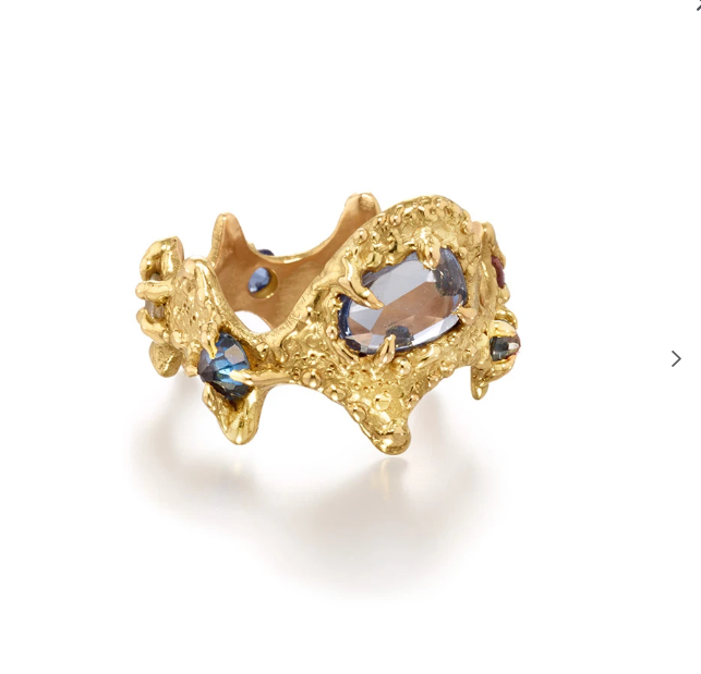 Jane Bartel gold and sapphire ring at Garden of Silver in Westhampton Beach, Long Island, New York.