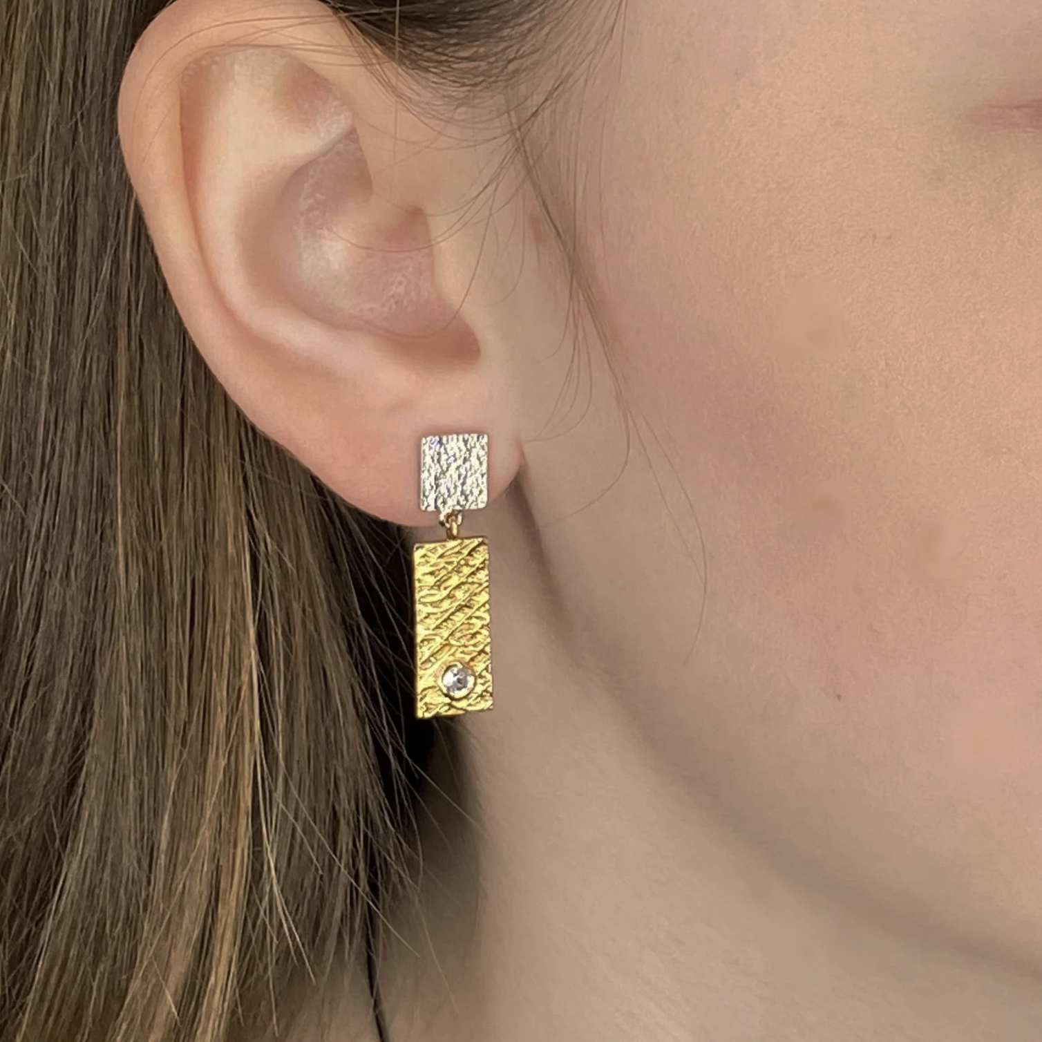 Two Tab Textured Earrings with White Sapphire by Q Evon