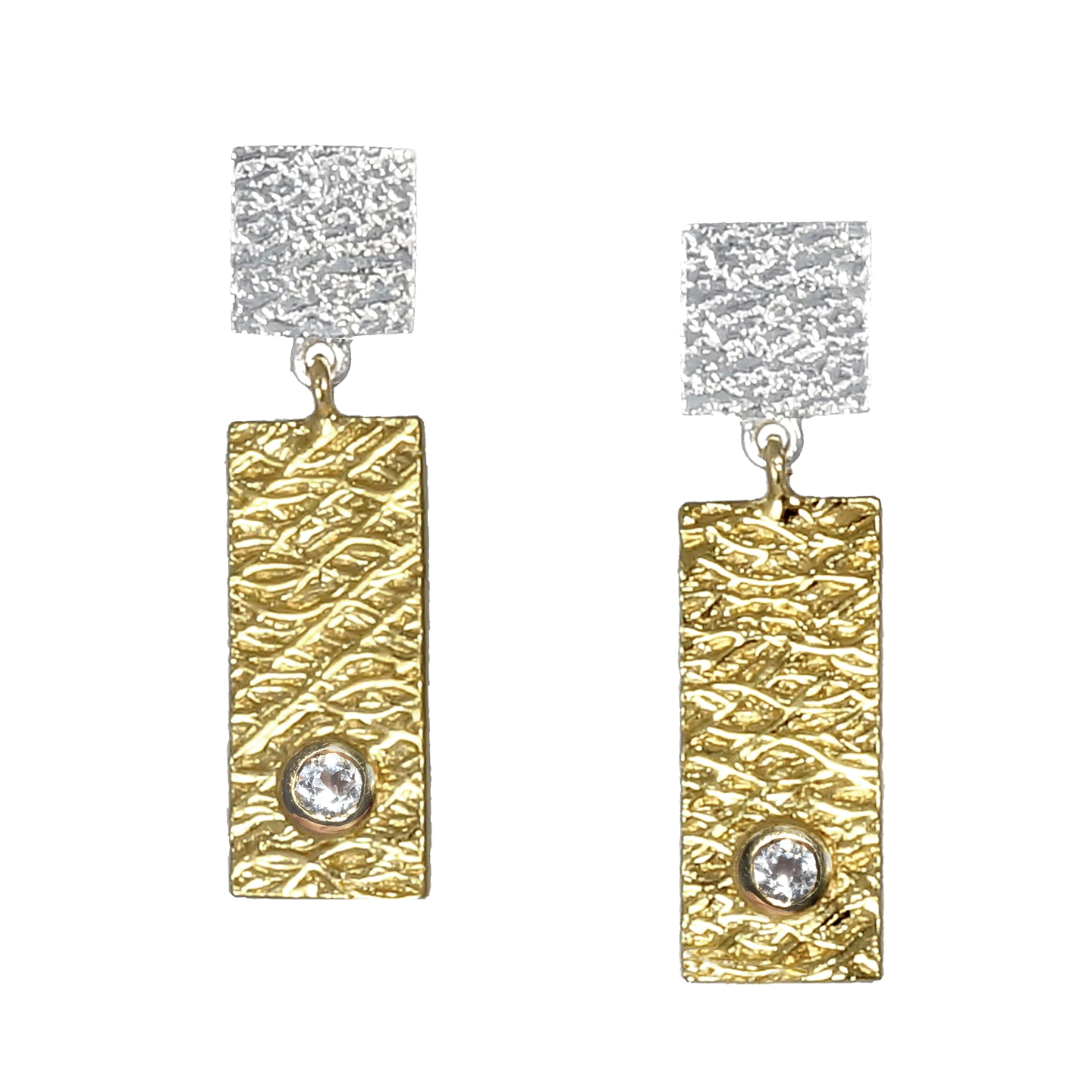 Two Tab Textured Earrings with White Sapphire by Q Evon