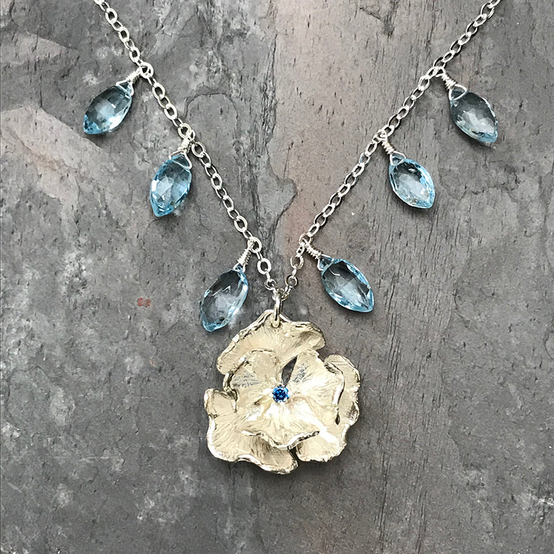 Blue Diamond Poppy Necklace by Garden of Silver in Westhampton Beach, NY www.gardenofsilver.com
