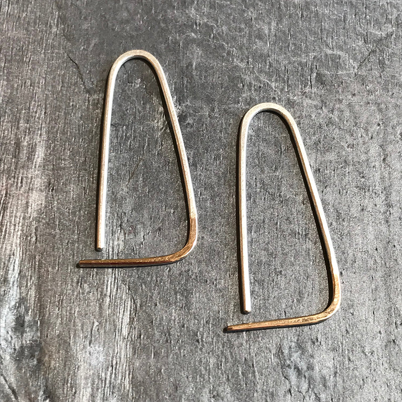 Silver Gold Triangle earrings by Colleen Mauer at Garden of Silver in Westhampton Beach, New York.
