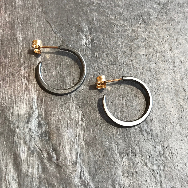Mini Oxidized hoop earrings by Colleen Mauer at Garden of Silver in Westhampton Beach, New York.