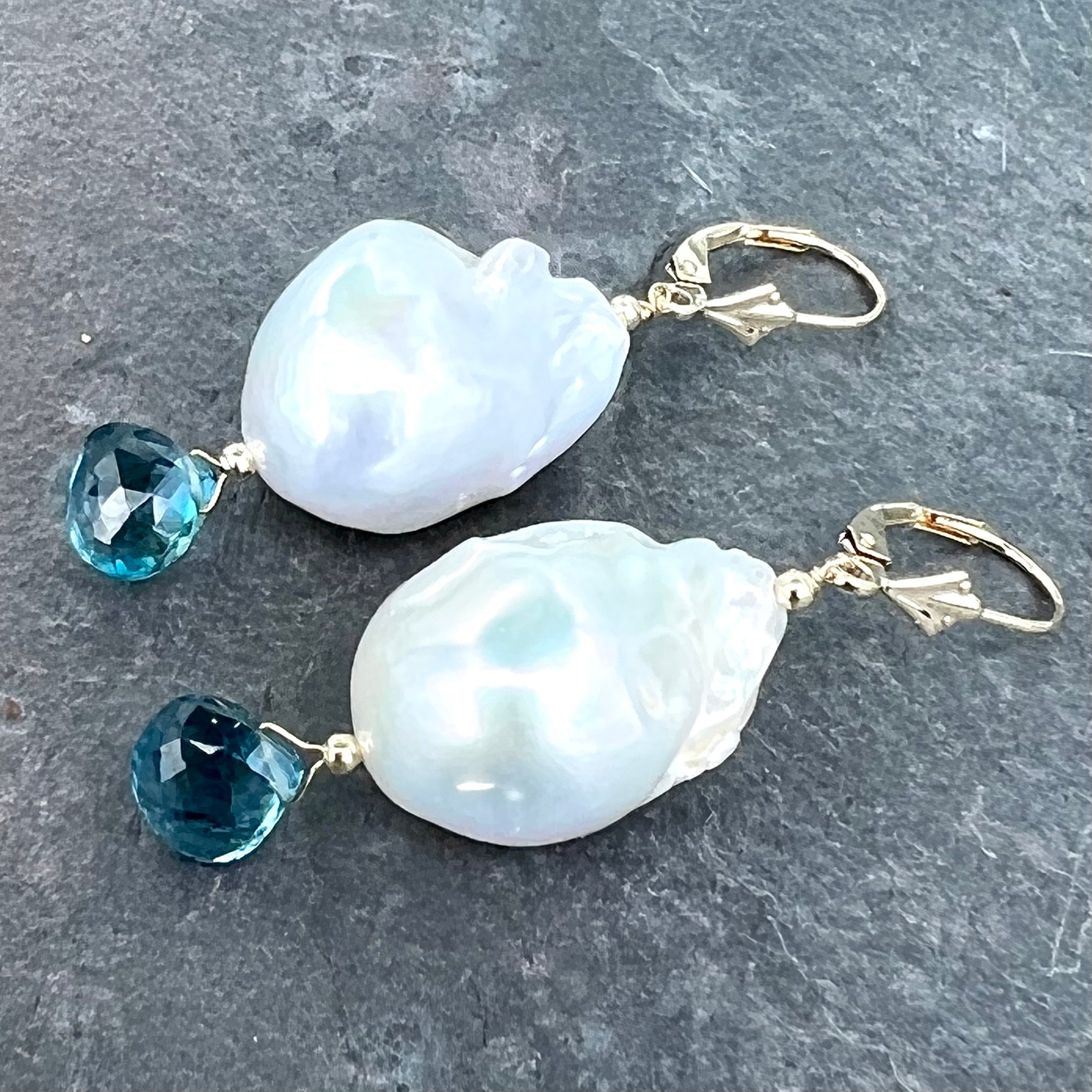 14kt Blue Topaz Baroque Pearl Drop Earrings