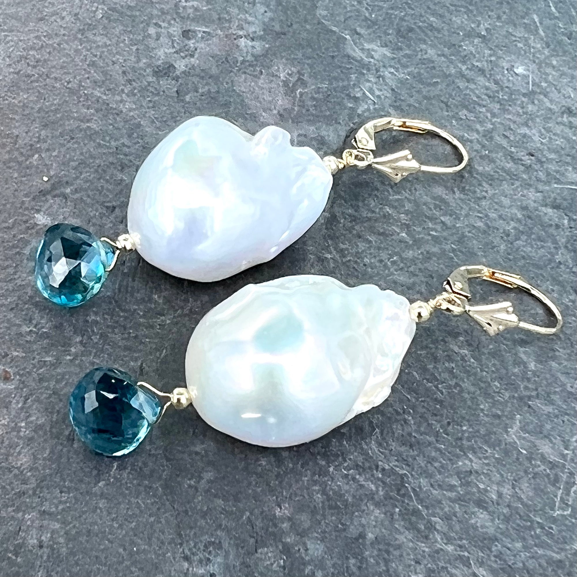 Baroque Pearl & London Blue Topaz Gold Earrings