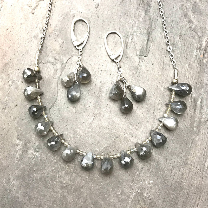Grey Mystic Moonstone Trio Earrings and Necklace at Garden of Silver in Westhampton Beach, NY www.gardenofsilver.com
