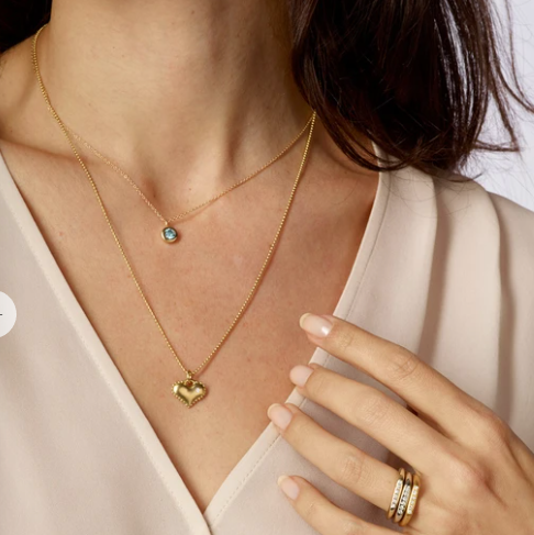 Gold and diamond heart necklace by Jane Bartel at Garden of Silver in Westhampton Beach, NY.