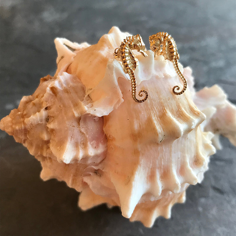 Gold seahorse earrings by Michelle Clark at Garden of Silver in Westhampton Beach, Hamptons, Long Island, New York.
