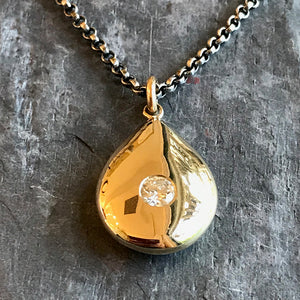 Gold Teardrop Pendant with Diamond by Jane Bartel at Garden of Silver in Westhampton Beach, New York.